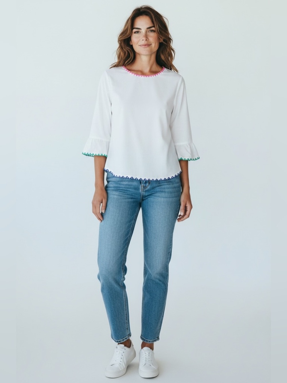 Talbots Bell Sleeve Embroidered Hem Blouse // White Multi // Small Petite